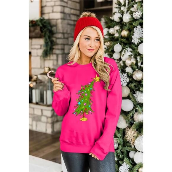 Women’s Christmas Sweatshirt - Cute Tree Graphic Long Sleeve Shirt - Picture 2 of 7